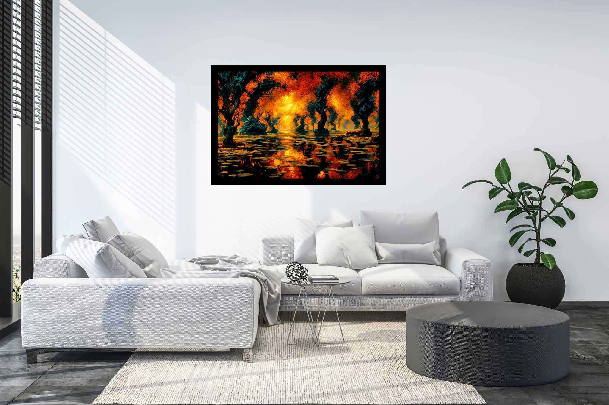 Aurora arboretum echoes: Ethereal landscape art with whimsical nature scenes, in a room with classic elegance, canvas prints, and home styling items. The art can be printed on poster, framed poster, canvas, metal, acrylic or wood, exclusively at WallArtZen. Find this exact print at https://wallartzen.com/waz97