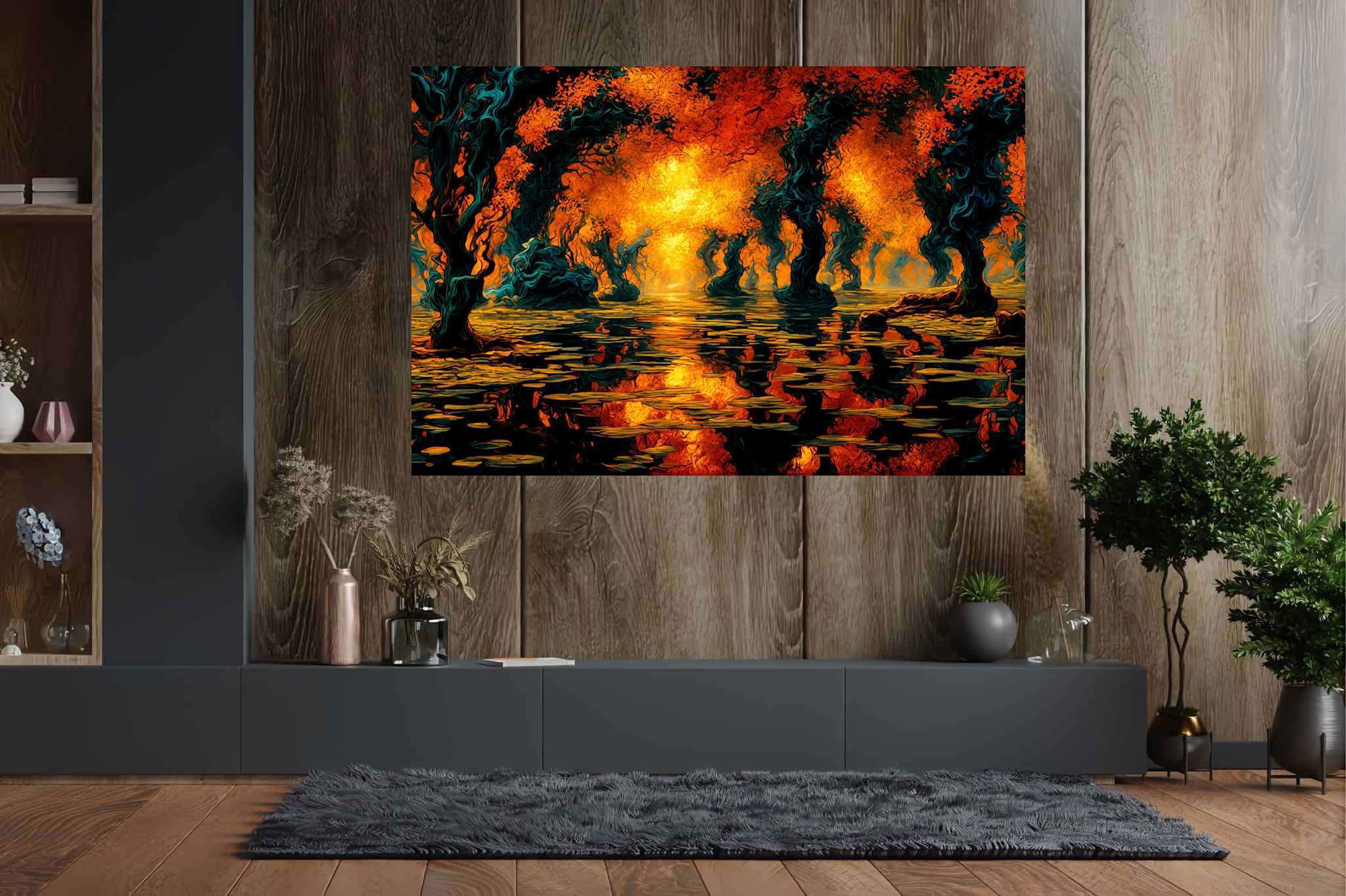 Aurora arboretum echoes: Ethereal landscape art with magical landscape paintings, in a room with chic decor, bespoke art designs, and artisan decor. The art can be printed on poster, framed poster, canvas, metal, acrylic or wood, exclusively at WallArtZen. Find this exact print at https://wallartzen.com/waz97