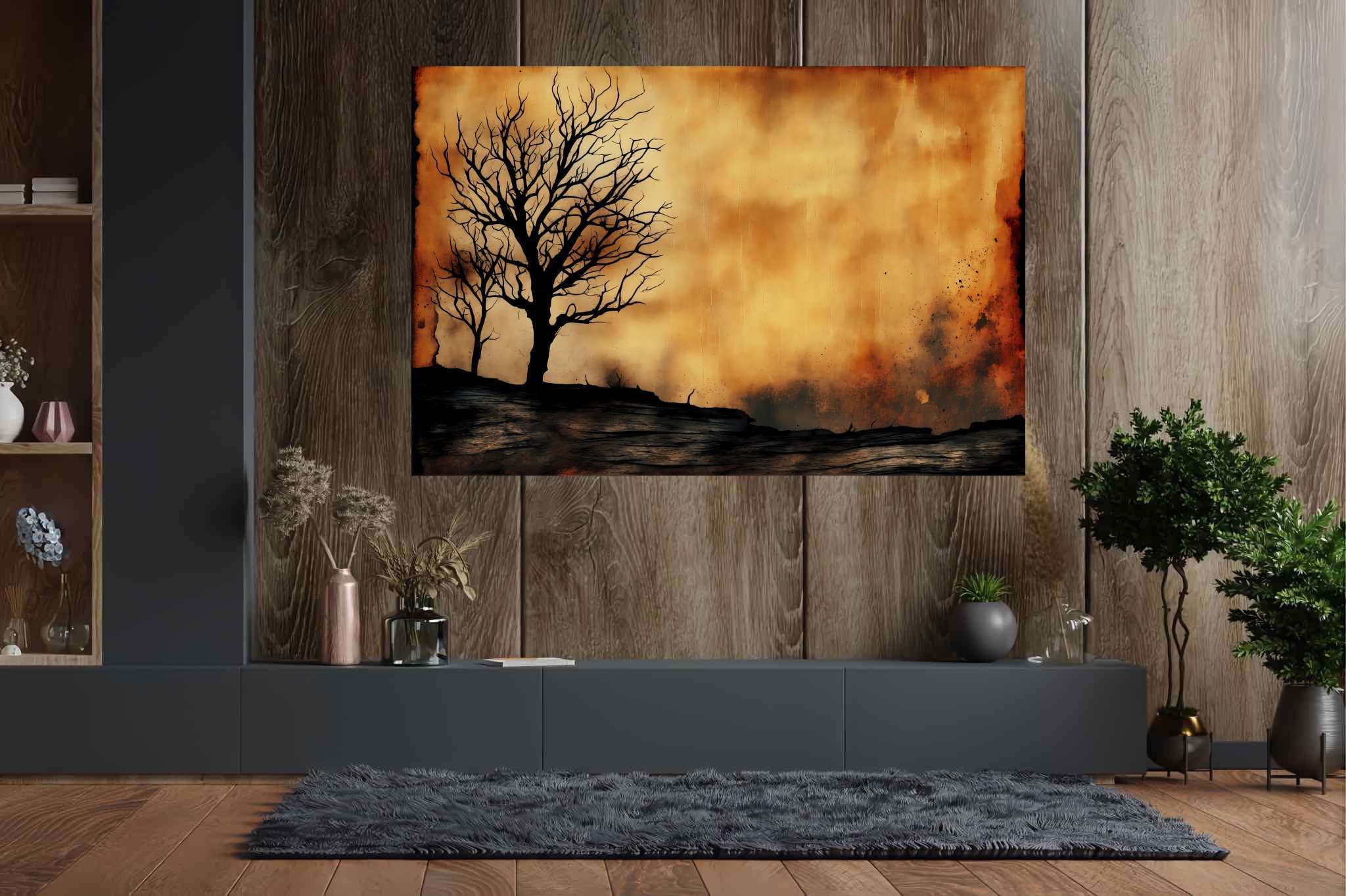 Solace in barren arms: Desolate landscape art with desolate beauty, in a room with innovative layout, abstract paintings, and home furnishings. The art can be printed on poster, framed poster, canvas, metal, acrylic or wood, exclusively at WallArtZen. Find this exact print at https://wallartzen.com/waz99