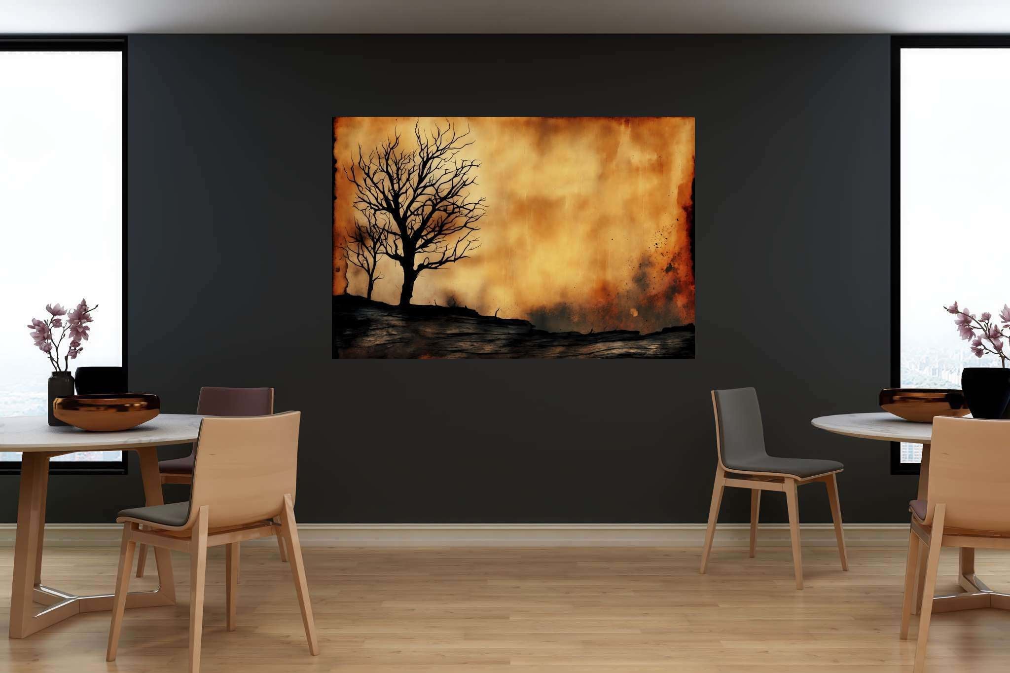 Solace in barren arms: Desolate landscape art with desolate artistic expressions, in a room with innovative layout, photographic wall art, and stylish accessories. The art can be printed on poster, framed poster, canvas, metal, acrylic or wood, exclusively at WallArtZen. Find this exact print at https://wallartzen.com/waz99