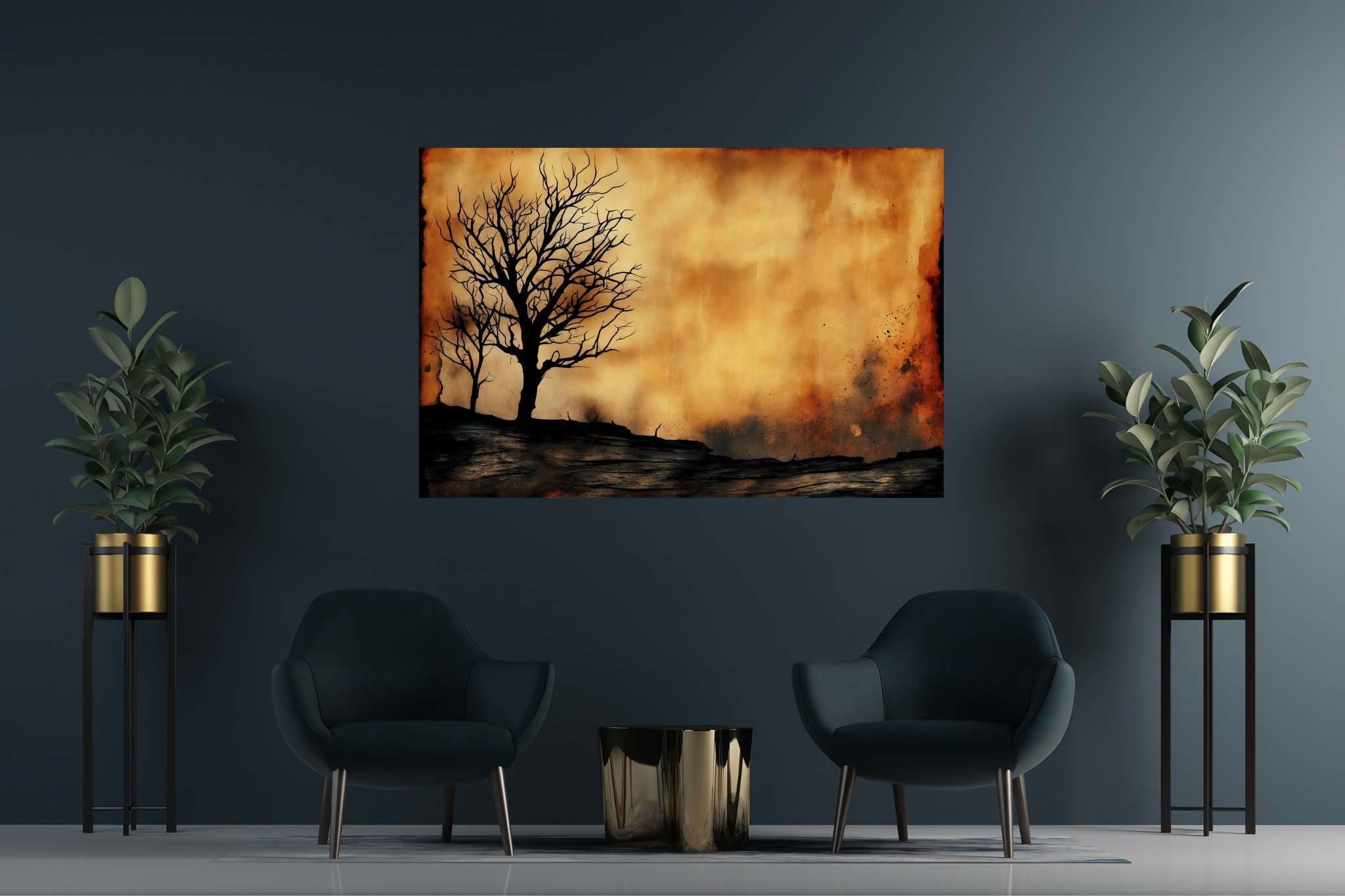 Solace in barren arms: Desolate landscape art with abandoned wilderness, in a room with classic elegance, mural artworks, and elegant home goods. The art can be printed on poster, framed poster, canvas, metal, acrylic or wood, exclusively at WallArtZen. Find this exact print at https://wallartzen.com/waz99