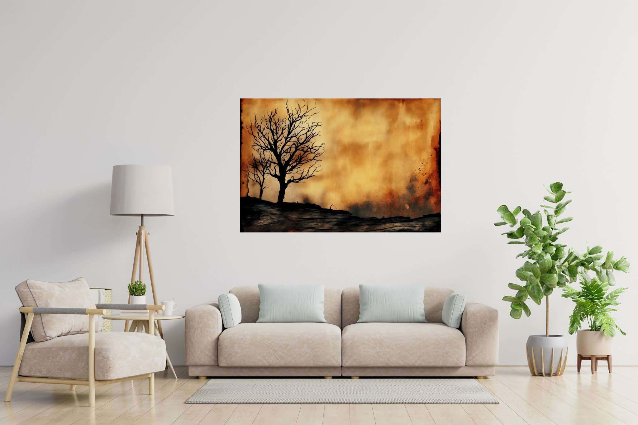 Solace in barren arms: Desolate landscape art with desolate beauty, in a room with innovative layout, wall hangings, and luxe decor. The art can be printed on poster, framed poster, canvas, metal, acrylic or wood, exclusively at WallArtZen. Find this exact print at https://wallartzen.com/waz99