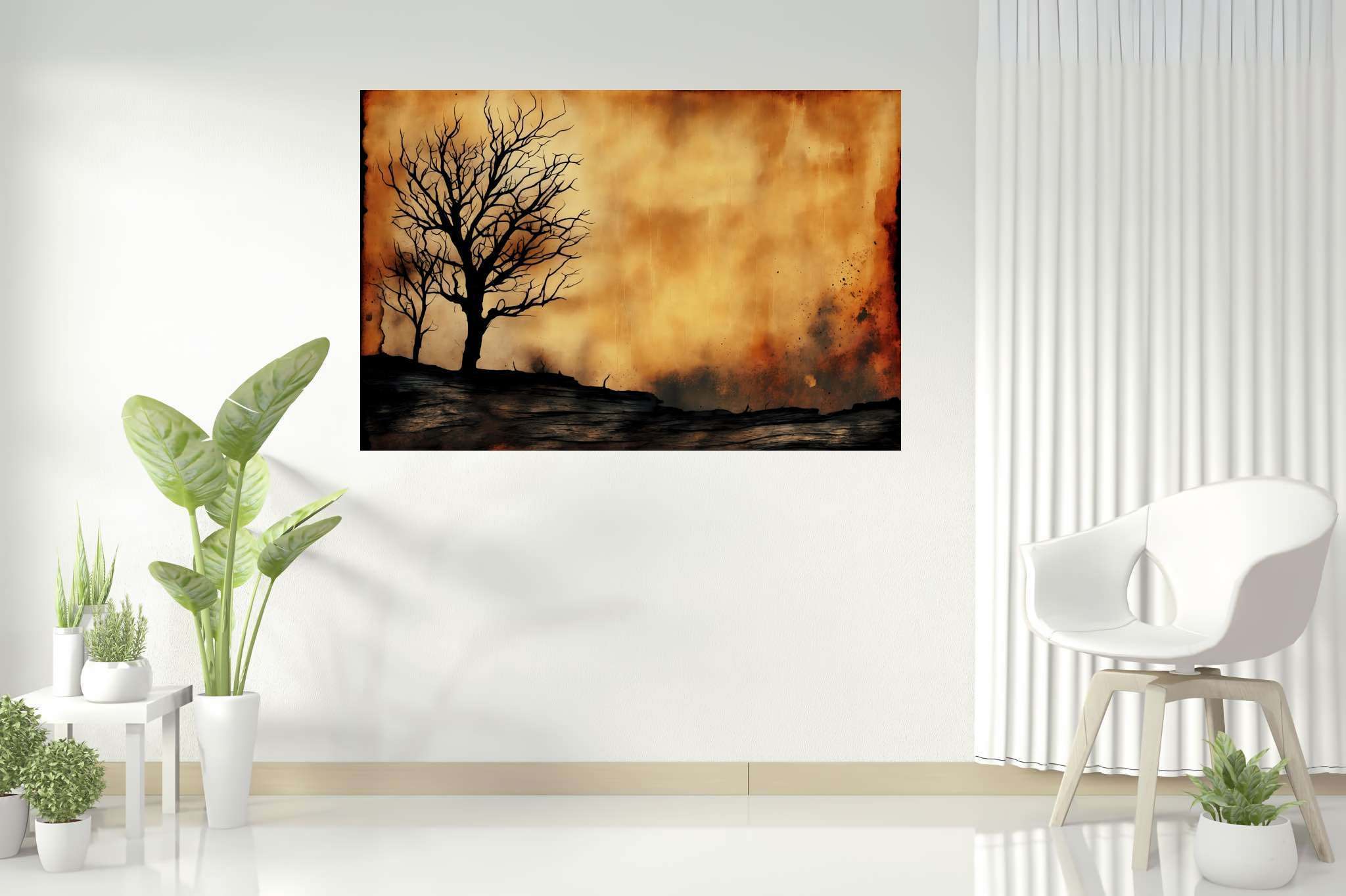Solace in barren arms: Desolate landscape art with desolate nature paintings, in a room with chic decor, framed art, and trendy home accents. The art can be printed on poster, framed poster, canvas, metal, acrylic or wood, exclusively at WallArtZen. Find this exact print at https://wallartzen.com/waz99