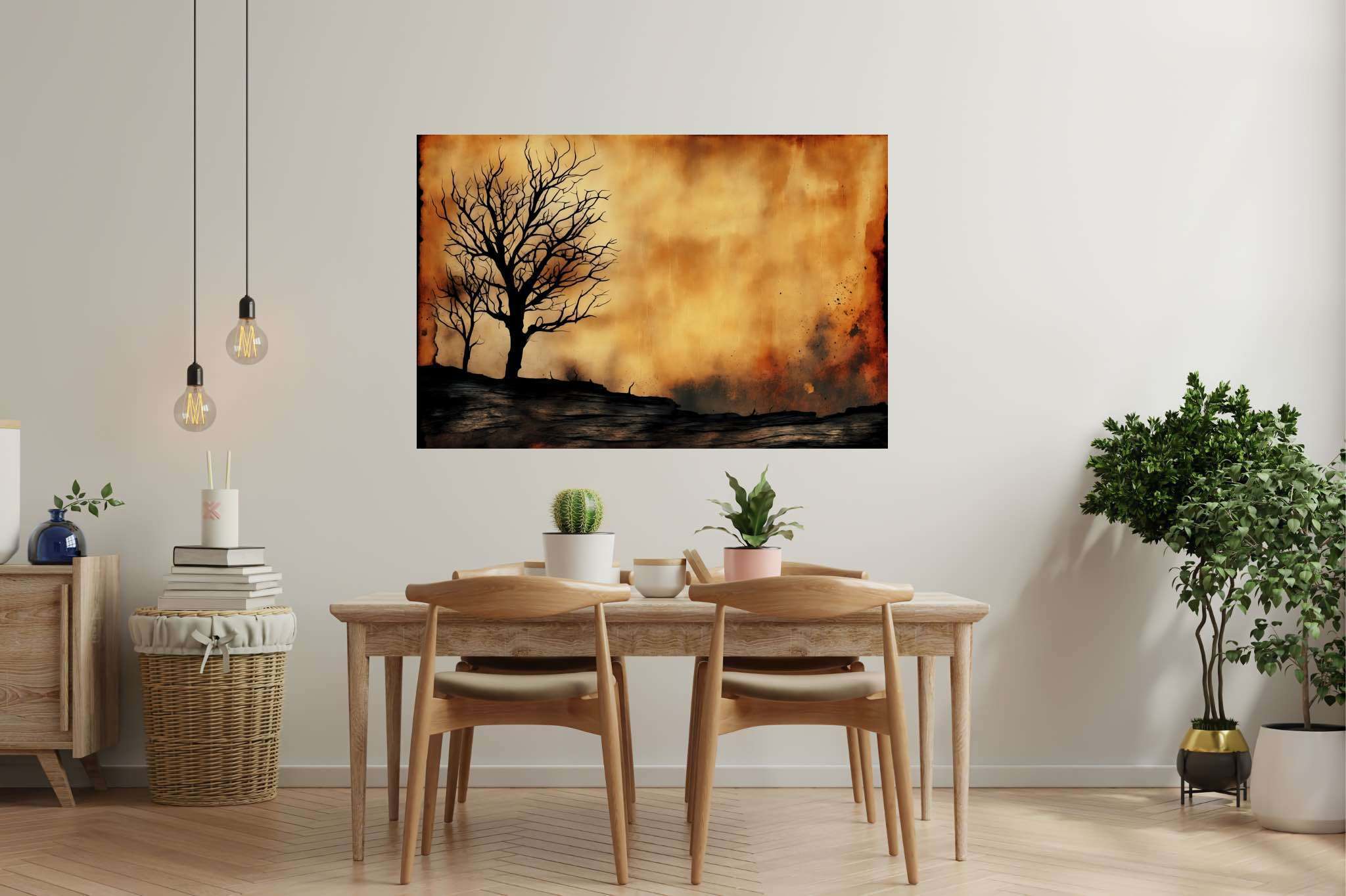 Solace in barren arms: Desolate landscape art with desolate landscapes in art, in a room with artistic style, framed art, and home furnishings. The art can be printed on poster, framed poster, canvas, metal, acrylic or wood, exclusively at WallArtZen. Find this exact print at https://wallartzen.com/waz99