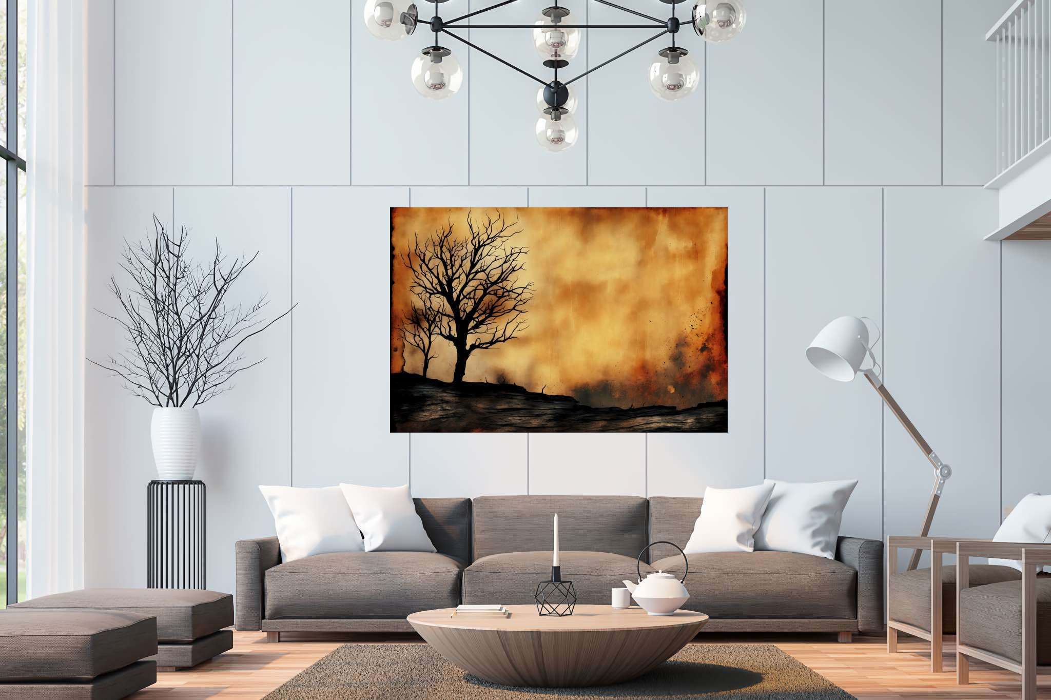 Solace in barren arms: Desolate landscape art with desolation, in a room with minimalist approach, abstract paintings, and home furnishings. The art can be printed on poster, framed poster, canvas, metal, acrylic or wood, exclusively at WallArtZen. Find this exact print at https://wallartzen.com/waz99