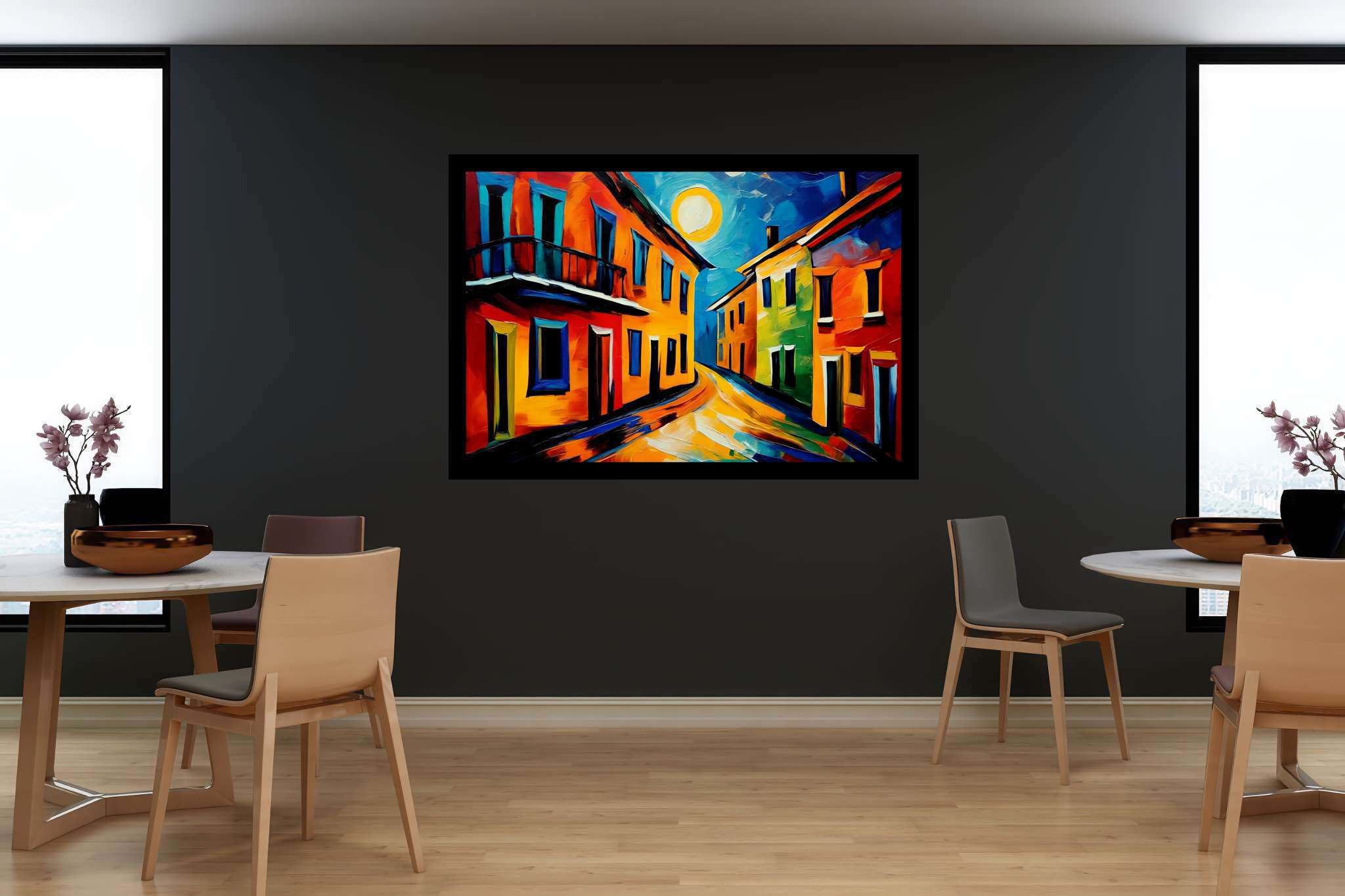 Moonlit serenade in chroma: Cityscape art with cityscape photography, in a room with minimalist approach, abstract paintings, and luxe decor. The art can be printed on poster, framed poster, canvas, metal, acrylic or wood, exclusively at WallArtZen. Find this exact print at https://wallartzen.com/waz9