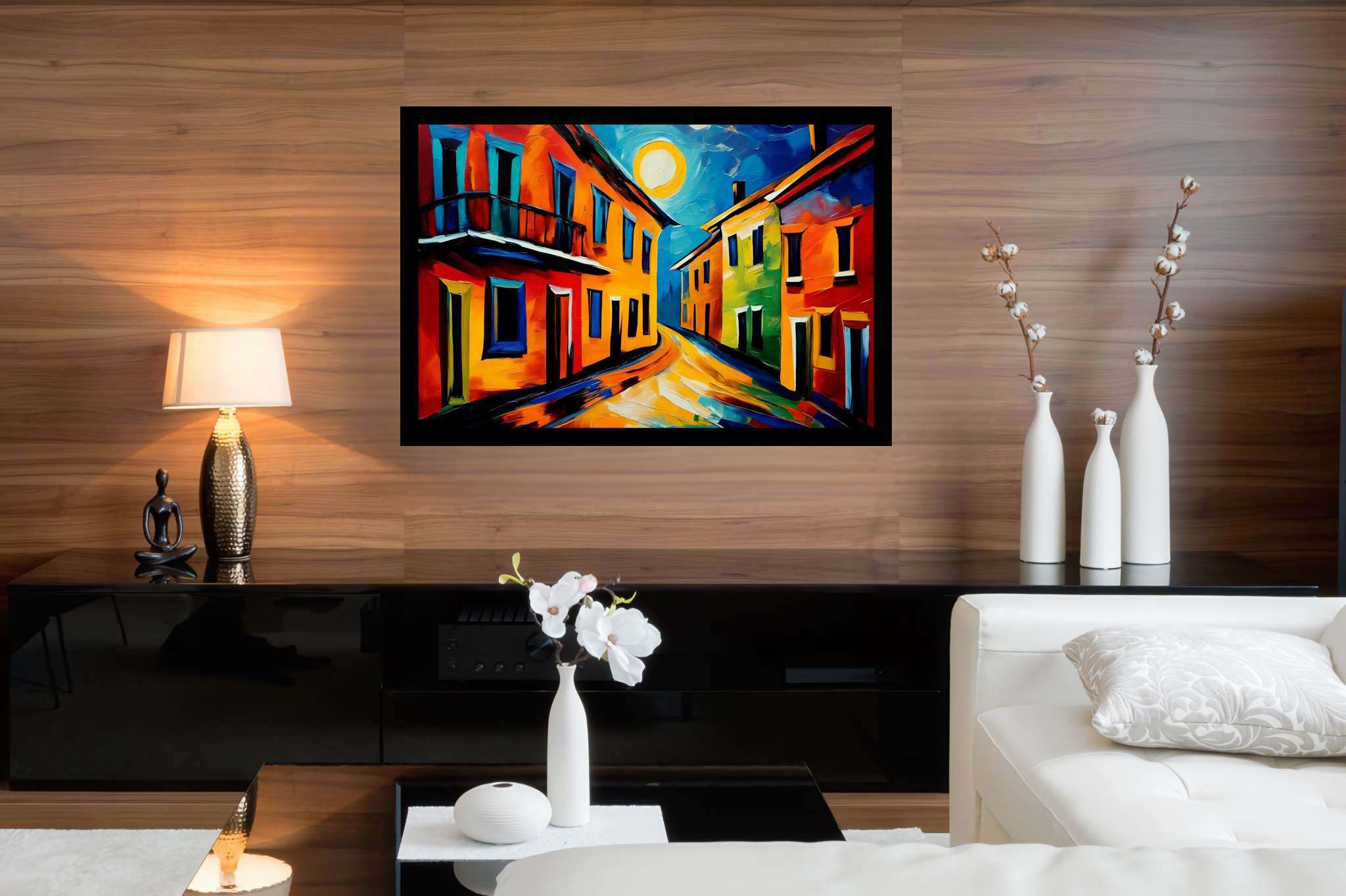 Moonlit serenade in chroma: Cityscape art with cityscape artists, in a room with innovative layout, mural artworks, and stylish accessories. The art can be printed on poster, framed poster, canvas, metal, acrylic or wood, exclusively at WallArtZen. Find this exact print at https://wallartzen.com/waz9