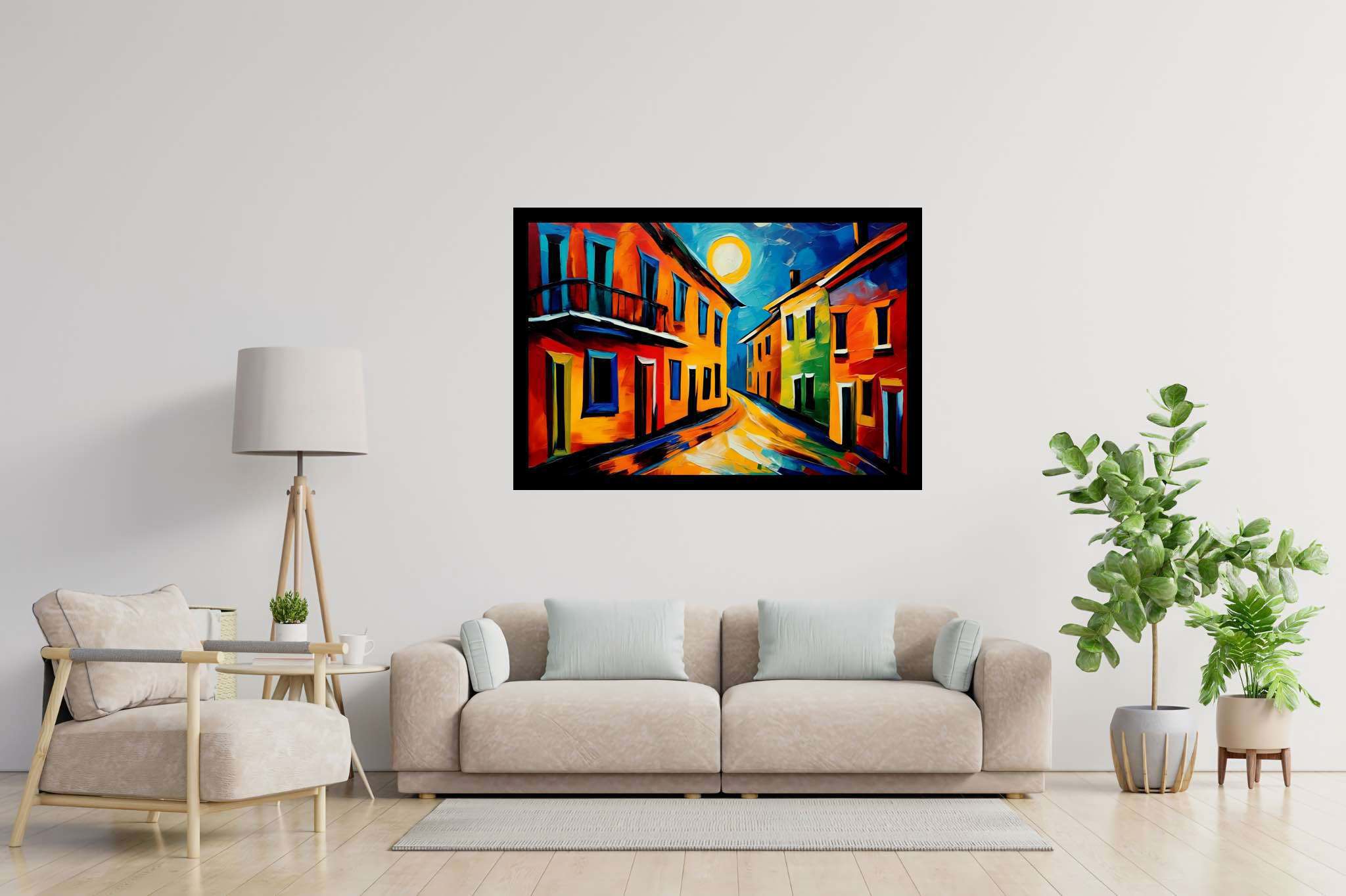 Moonlit serenade in chroma: Cityscape art with skyline art, in a room with great design, bespoke art designs, and home furnishings. The art can be printed on poster, framed poster, canvas, metal, acrylic or wood, exclusively at WallArtZen. Find this exact print at https://wallartzen.com/waz9
