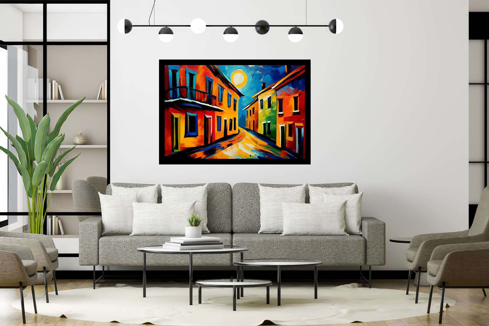 Moonlit serenade in chroma: Cityscape art with urban landscape painting, in a room with modern style, canvas prints, and interior decorations. The art can be printed on poster, framed poster, canvas, metal, acrylic or wood, exclusively at WallArtZen. Find this exact print at https://wallartzen.com/waz9