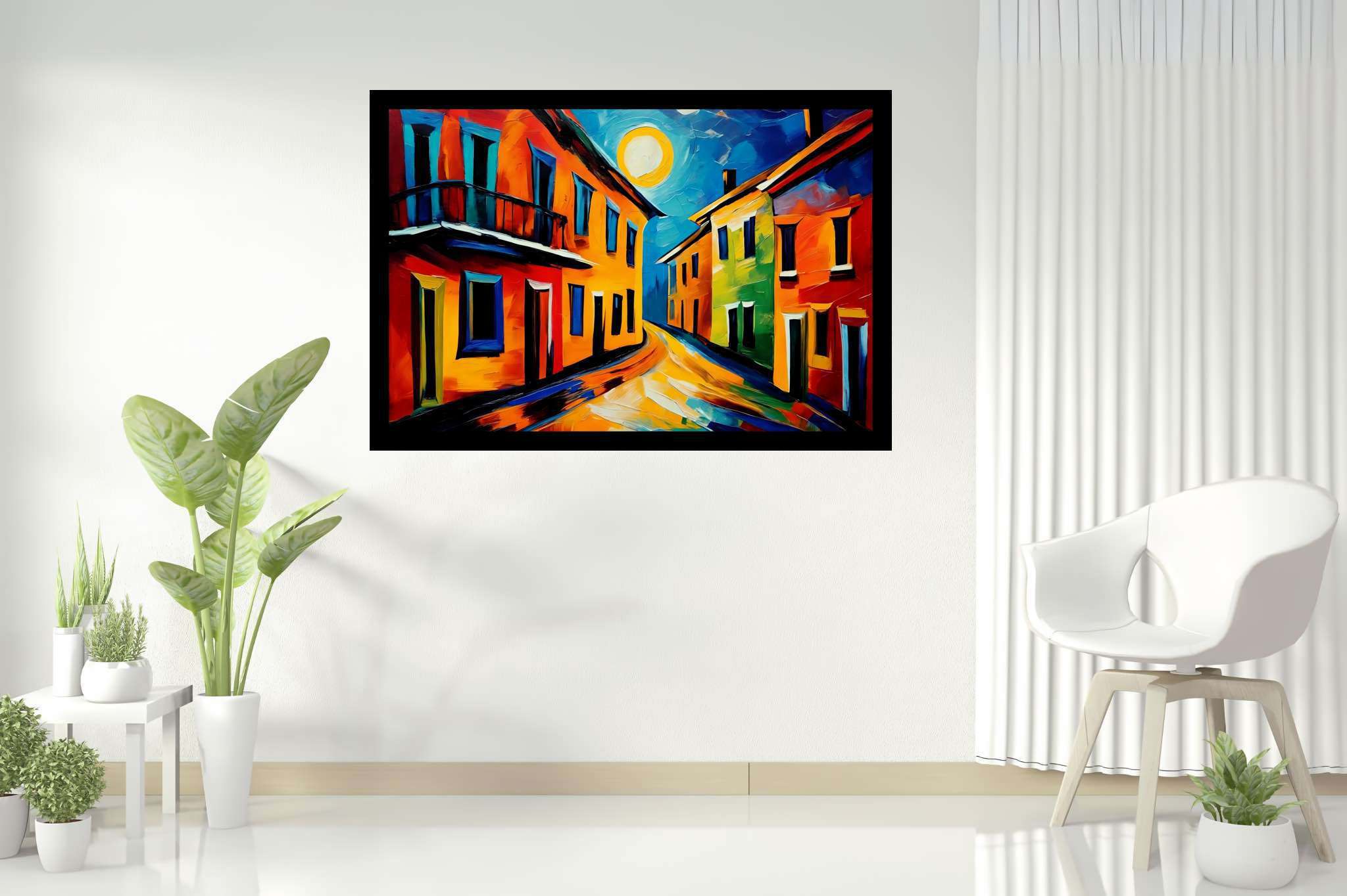 Moonlit serenade in chroma: Cityscape art with urban art, in a room with artistic style, mural artworks, and designer furniture. The art can be printed on poster, framed poster, canvas, metal, acrylic or wood, exclusively at WallArtZen. Find this exact print at https://wallartzen.com/waz9