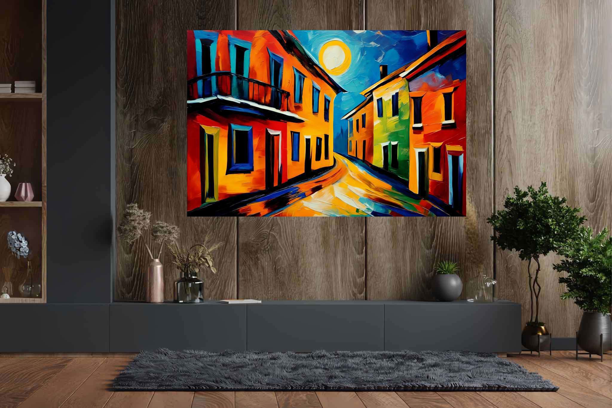 Moonlit serenade in chroma: Cityscape art with cityscape paintings, in a room with contemporary flair, mural artworks, and artisan decor. The art can be printed on poster, framed poster, canvas, metal, acrylic or wood, exclusively at WallArtZen. Find this exact print at https://wallartzen.com/waz9