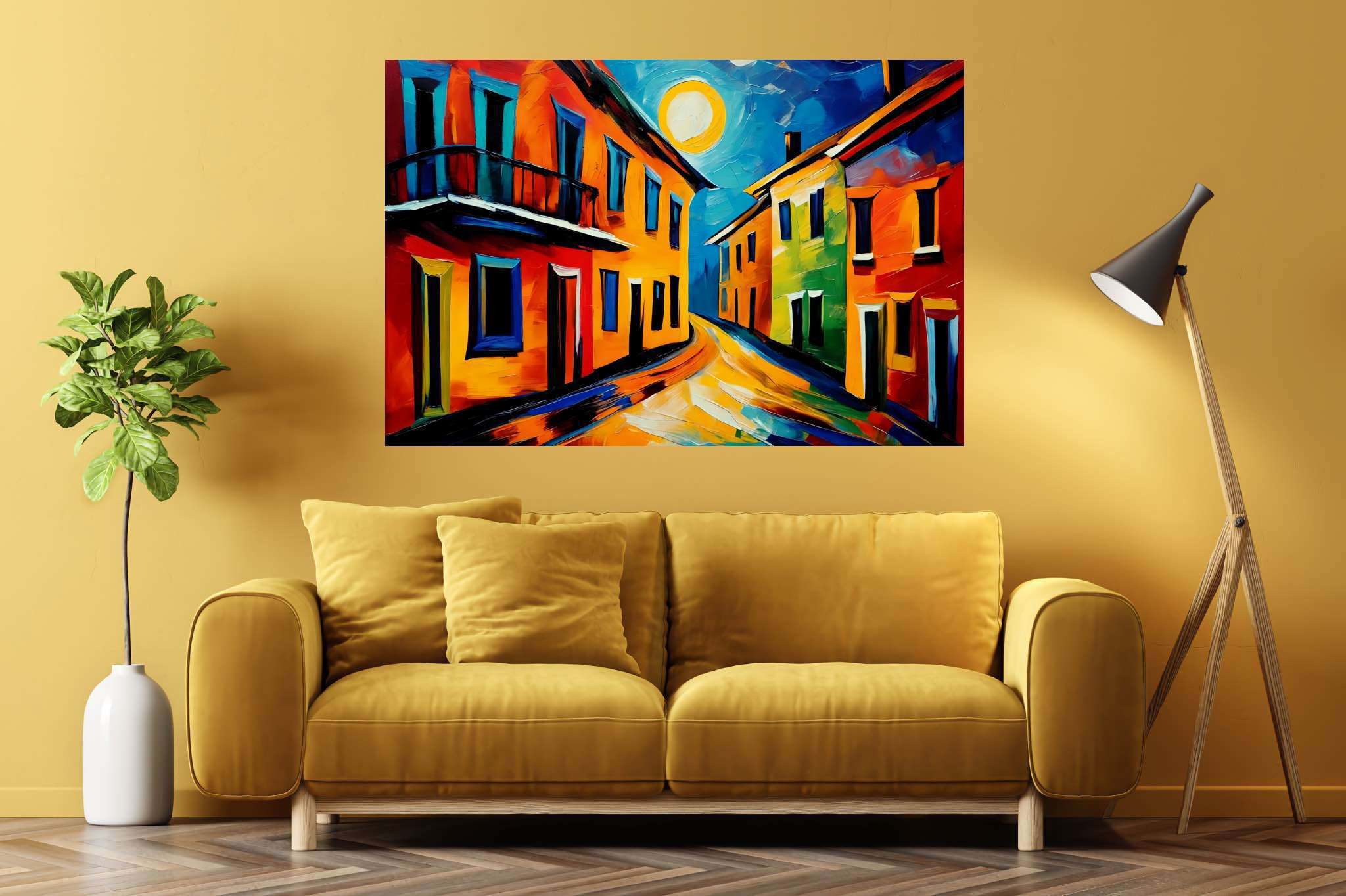 Moonlit serenade in chroma: Cityscape art with city skyline painting, in a room with minimalist approach, wall hangings, and artisan decor. The art can be printed on poster, framed poster, canvas, metal, acrylic or wood, exclusively at WallArtZen. Find this exact print at https://wallartzen.com/waz9