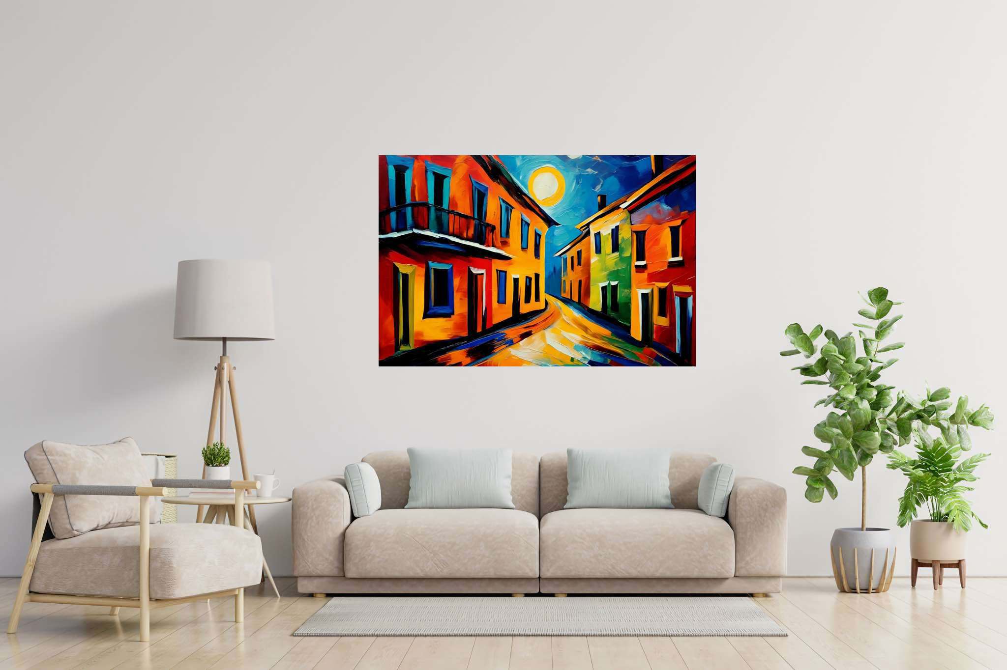 Moonlit serenade in chroma: Cityscape art with cityscape art, in a room with modern style, gallery-quality artwork, and interior decorations. The art can be printed on poster, framed poster, canvas, metal, acrylic or wood, exclusively at WallArtZen. Find this exact print at https://wallartzen.com/waz9