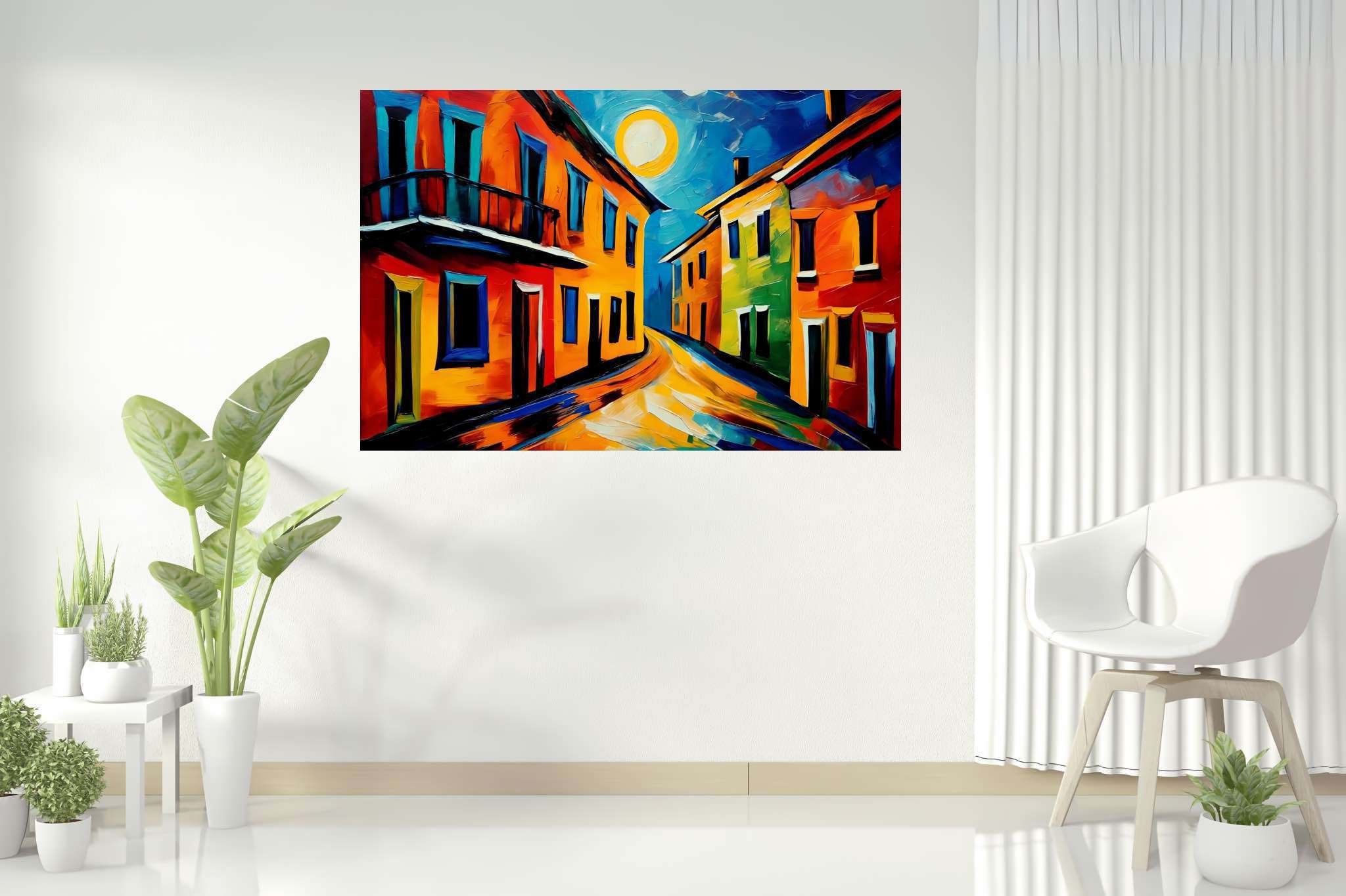 Moonlit serenade in chroma: Cityscape art with cityscape prints, in a room with contemporary flair, gallery-quality artwork, and elegant home goods. The art can be printed on poster, framed poster, canvas, metal, acrylic or wood, exclusively at WallArtZen. Find this exact print at https://wallartzen.com/waz9