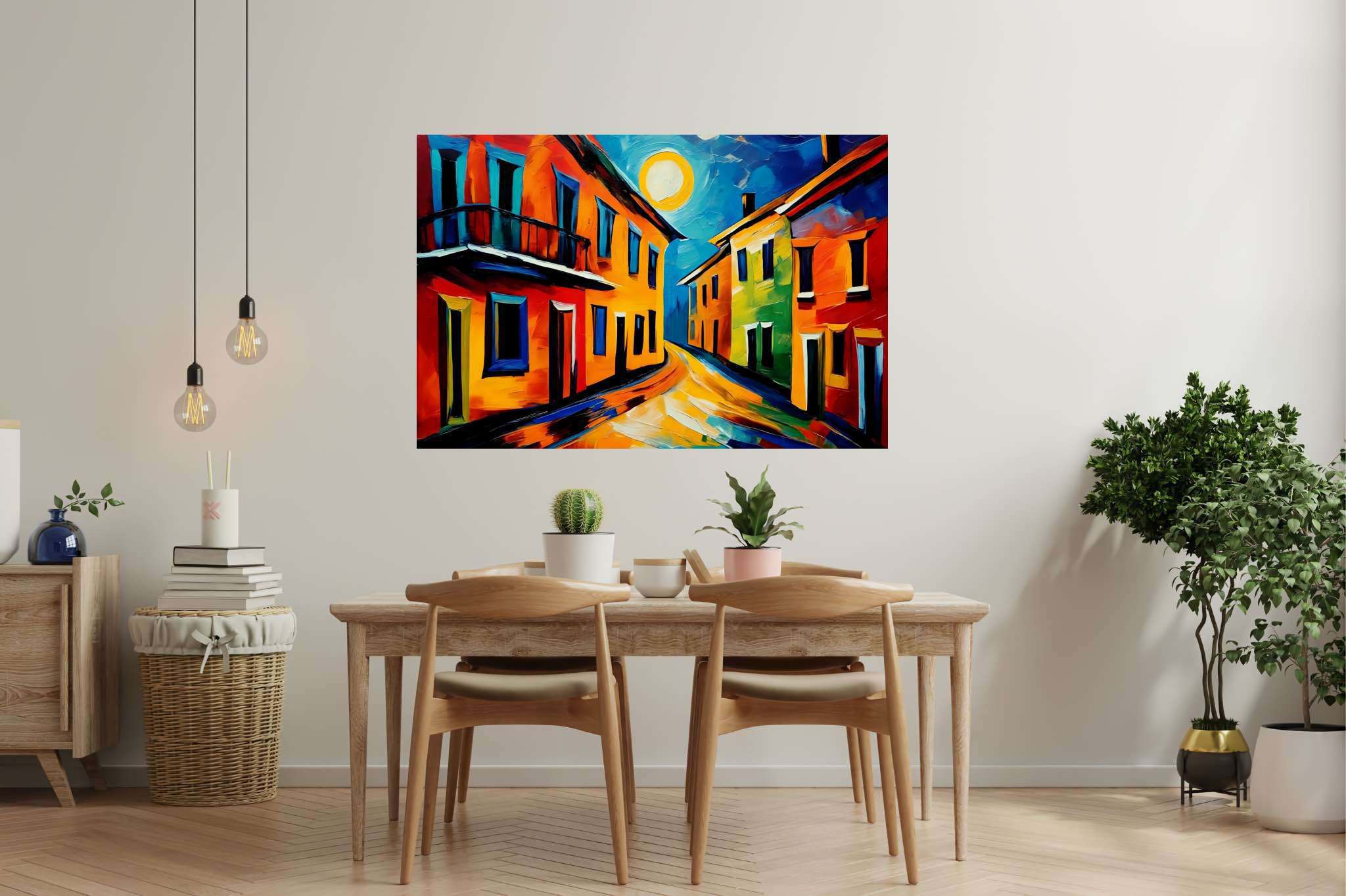 Moonlit serenade in chroma: Cityscape art with cityscape prints, in a room with artistic style, abstract paintings, and home styling items. The art can be printed on poster, framed poster, canvas, metal, acrylic or wood, exclusively at WallArtZen. Find this exact print at https://wallartzen.com/waz9