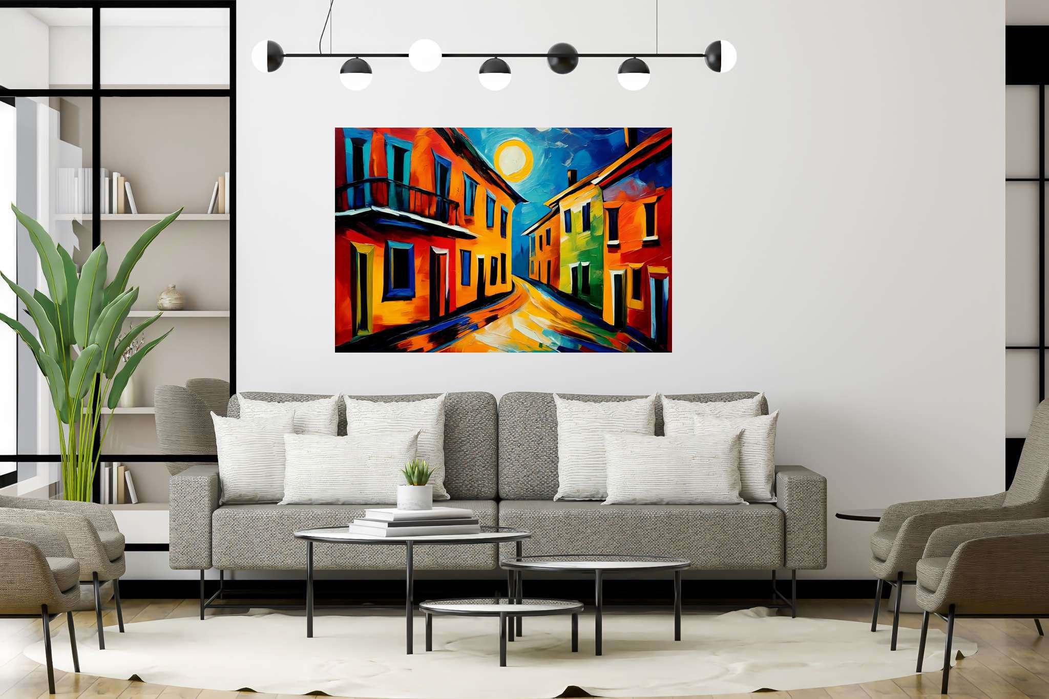Moonlit serenade in chroma: Cityscape art with urban landscape painting, in a room with artistic style, canvas prints, and artisan decor. The art can be printed on poster, framed poster, canvas, metal, acrylic or wood, exclusively at WallArtZen. Find this exact print at https://wallartzen.com/waz9